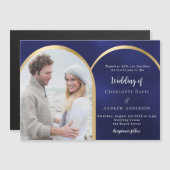 Navy blauw goud foto boog bruiloft magnetische uitnodiging (Voorkant / Achterkant)
