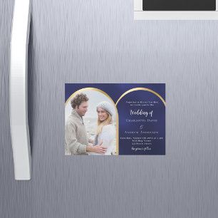 Navy blauw goud foto boog bruiloft magnetische uitnodiging