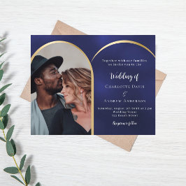 Navy blauw goud foto boog bruiloft uitnodiging