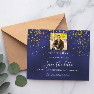 Navy blauw goud foto verjaardag save the date kaar