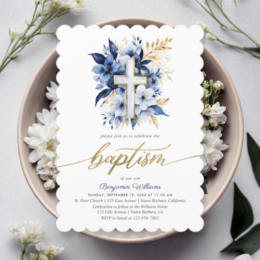 Navy Blauw & Goud Foto Waterverf Doop Kaart