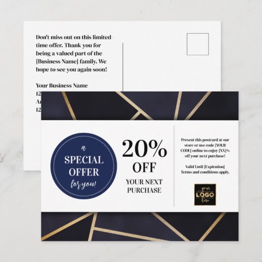 Navy Blauw Goud Geometrische Coupon Korting Briefkaart (Voorkant / Achterkant)
