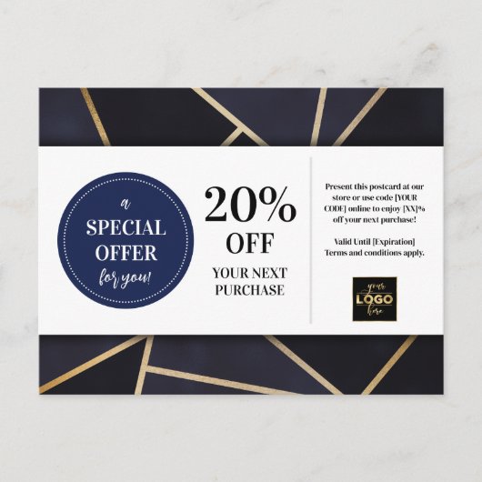 Navy Blauw Goud Geometrische Coupon Korting Briefkaart (Voorkant)
