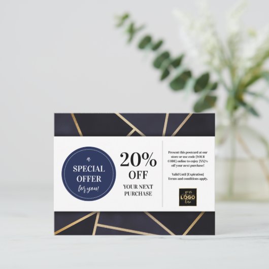 Navy Blauw Goud Geometrische Coupon Korting Briefkaart (Staand voorkant)