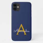 Navy Blauw Goud Girly Script Monogram Naam Modern Case-Mate iPhone Case (Achterkant)