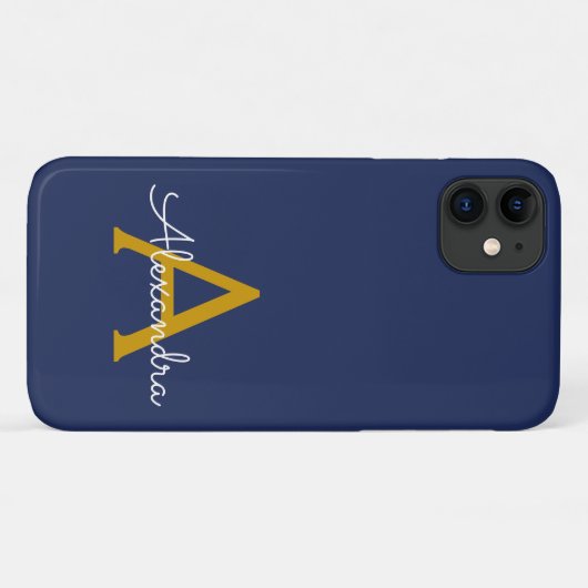 Navy Blauw Goud Girly Script Monogram Naam Modern Case-Mate iPhone Case (Achterkant (horizontaal))