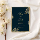 Navy blauw goud glitter blad bloemen Save the Date Kaart