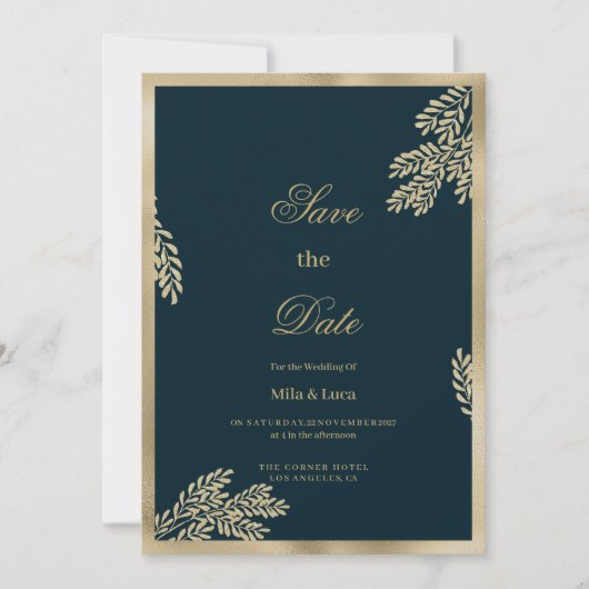 Navy blauw goud glitter blad bloemen Save the Date Kaart (Voorkant)