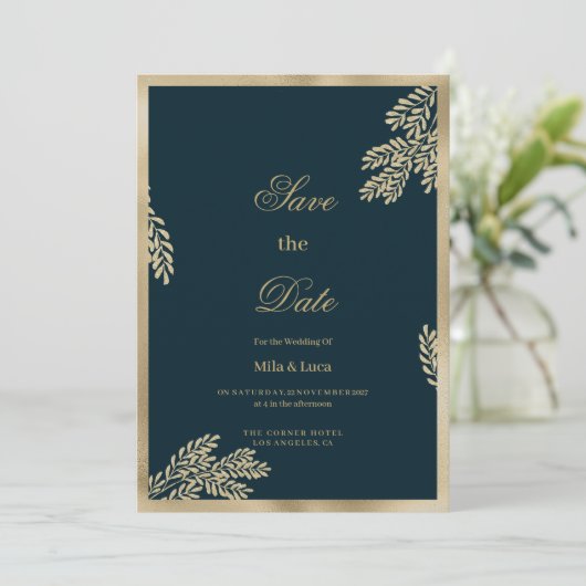 Navy blauw goud glitter blad bloemen Save the Date Kaart (Staand voorkant)