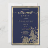 Navy blauw goud glitter bloemenpensioen partij kaart (Voorkant)