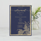 Navy blauw goud glitter bloemenpensioen partij kaart (Staand voorkant)