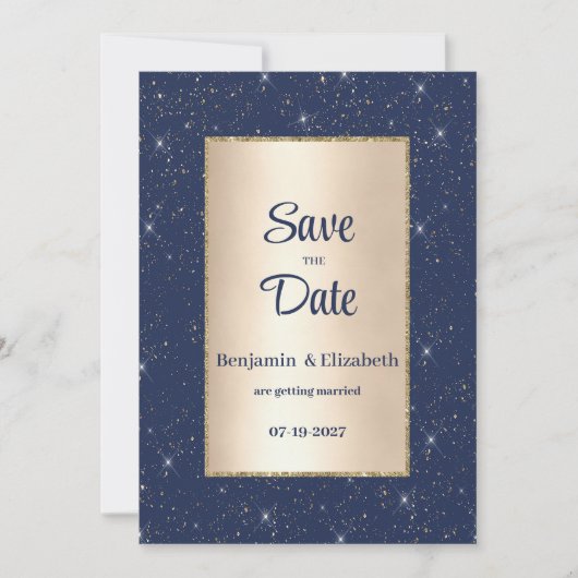 Navy blauw goud glitter confetti Save the Date Kaart (Voorkant)
