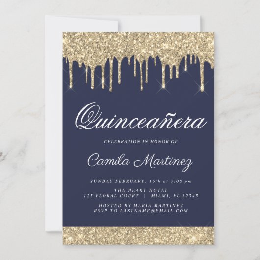 Navy Blauw Goud Glitter Quinceañera Viering Kaart (Voorkant)