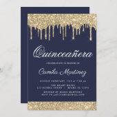 Navy Blauw Goud Glitter Quinceañera Viering Kaart (Voorkant / Achterkant)