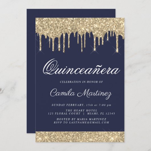 Navy Blauw Goud Glitter Quinceañera Viering Kaart (Voorkant / Achterkant)