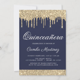 Navy Blauw Goud Glitter Quinceañera Viering Kaart