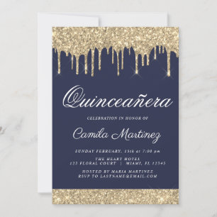 Navy Blauw Goud Glitter Quinceañera Viering Kaart