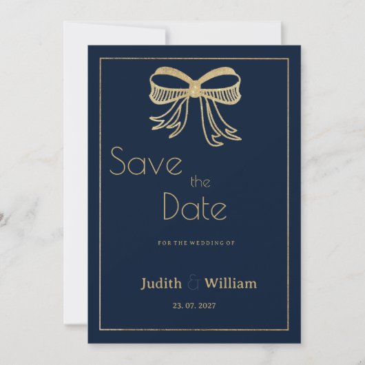 Navy blauw goud glitter strik lint Save the Date Kaart (Voorkant)