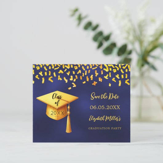 Navy blauw goud Graduation Party Save the Date kaa (Staand voorkant)
