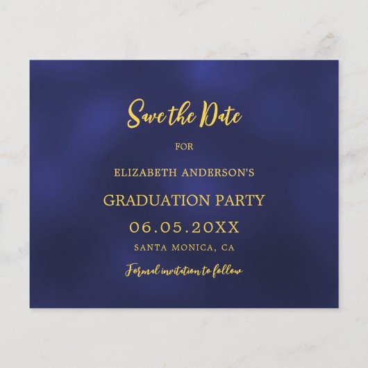 Navy blauw goud Graduation Party Save the Date kaa (Achterkant)