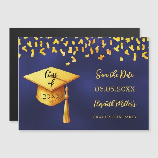 Navy blauw goud Graduation Party Save the Date kaa Magnetische Uitnodiging (Voorkant / Achterkant)