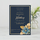 Navy blauw goud groen elegant bloemenbruiloft lijs kaart (Staand voorkant)