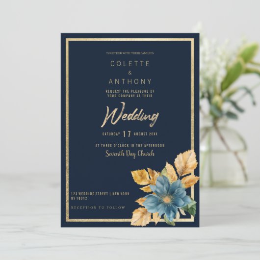 Navy blauw goud groen elegant bloemenbruiloft lijs kaart (Staand voorkant)