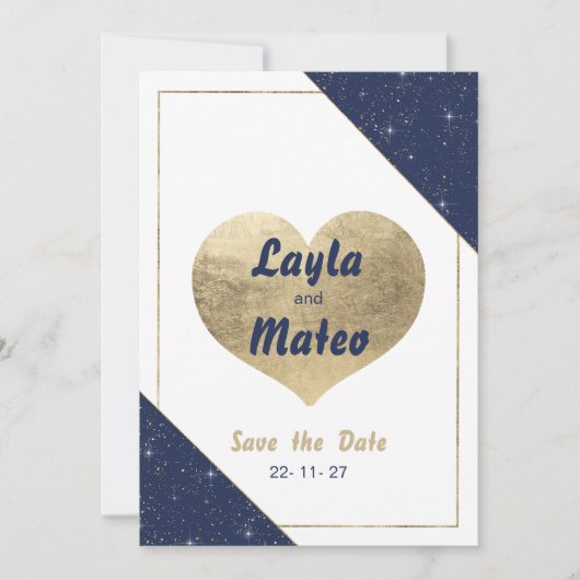 Navy blauw goud hart schittering glitter Save the  Kaart (Voorkant)