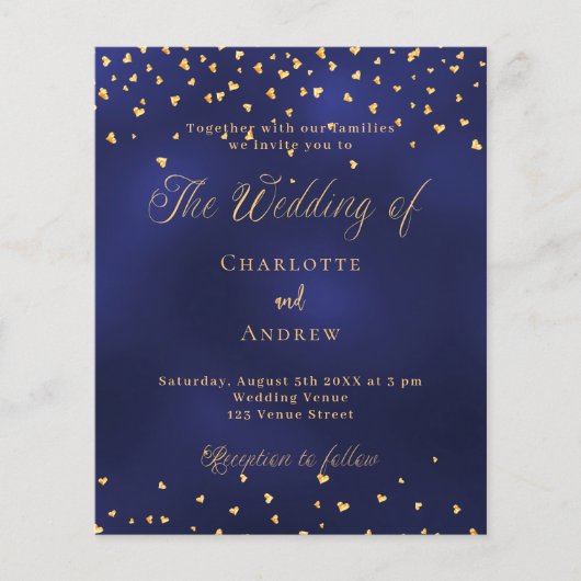 Navy blauw goud harten bruiloft uitnodiging (Voorkant)
