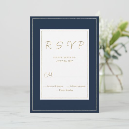 Navy blauw goud  kalligrafie RSVP Kaart (Staand voorkant)