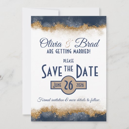 Navy Blauw & Goud Klassiek Save The Date (Voorkant)