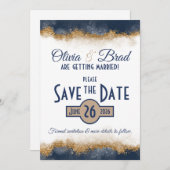 Navy Blauw & Goud Klassiek Save The Date (Voorkant / Achterkant)