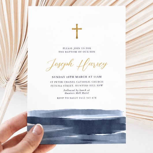 Navy Blauw Goud Kruis Jongens Doop Doop Kaart