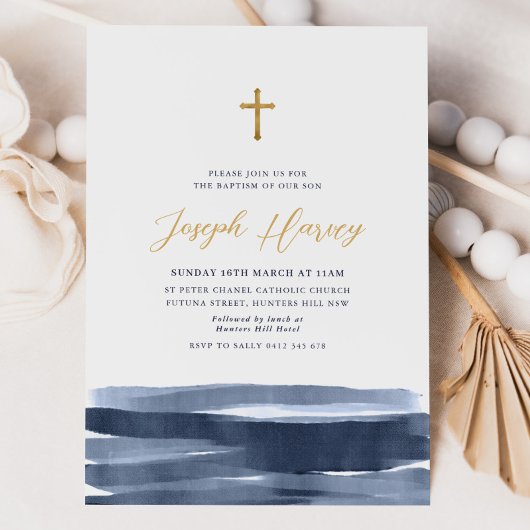 Navy Blauw Goud Kruis Jongens Doop Doop Kaart