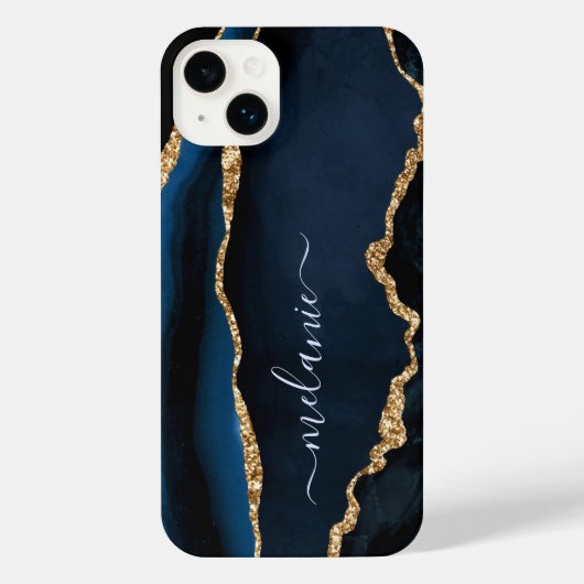 Navy Blauw Goud Marmer Aangepaste Jouw naam iPhone Hoesje (Achterkant)