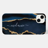 Navy Blauw Goud Marmer Aangepaste Jouw naam iPhone Hoesje (Achterkant horizontaal)