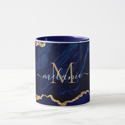 Navy Blauw Goud Marmer Aangepaste Letter Naam Mok (Midden)