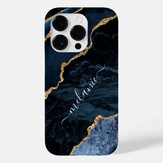 Navy Blauw Goud Marmer Aangepaste Naam iPhone Case (Achterkant)