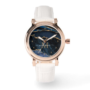 Navy Blauw Goud Marmer Custom Jouw naam Horloge