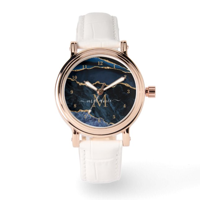 Navy Blauw Goud Marmer Custom Jouw naam Horloge (Voorkant)
