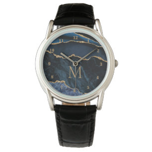 Navy Blauw Goud Marmer Custom Letter Horloge Gift