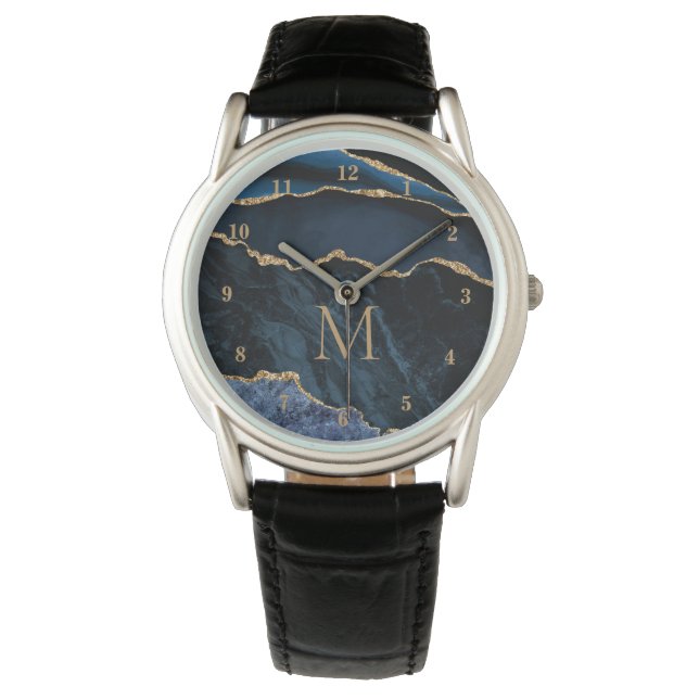 Navy Blauw Goud Marmer Custom Letter Horloge Gift (Voorkant)