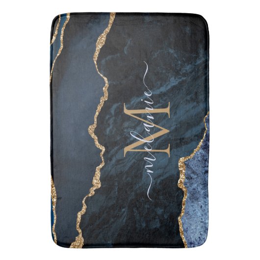 Navy Blauw Goud Marmer Custom Letter Naam Bad Mat (Voorkant Verticaal)