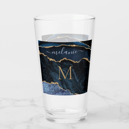 Navy Blauw Goud Marmer Custom Letter Naam Glas (Achterkant)