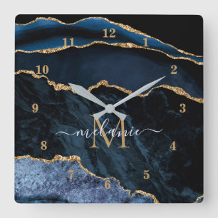 Navy Blauw Goud Marmer Custom Letter Naam Klok