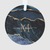 Navy Blauw Goud Marmer Custom Letter Naam Ornament (achterkant)