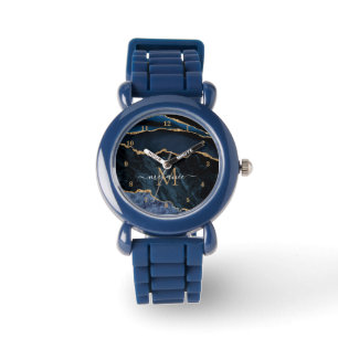 Navy Blauw Goud Marmer Custom Naam Horloge Gift