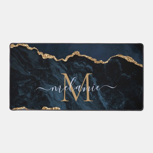 Navy Blauw Goud Marmer Custom Naam Letter Desk Mat (Voorkant)