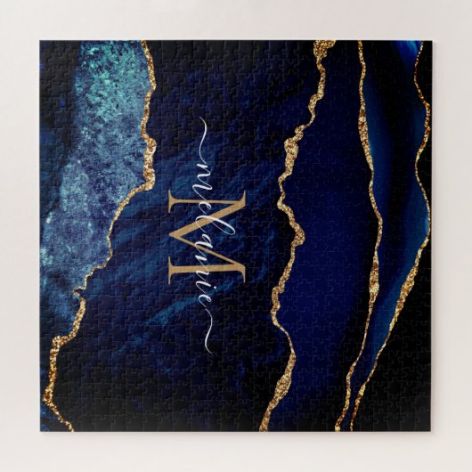 Navy Blauw Goud Marmer Monogram Naam Puzzel Gift Legpuzzel (Horizontaal)