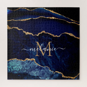 Navy Blauw Goud Marmer Monogram Naam Puzzel Gift Legpuzzel